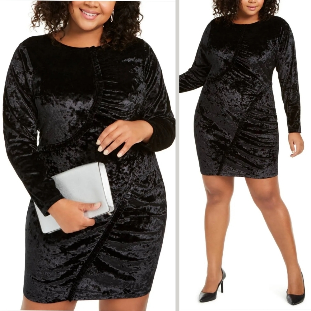MICHAEL Michael Kors Crushed Black Velvet Bodycon Long Sleeve Dress, Ruffles, XL
